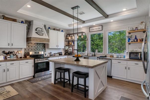 Interior, Kitchen, Pendant Lights, Recessed Lighting, Stainless Steel Appliances, Wooden Beams, Wood Texture Flooring