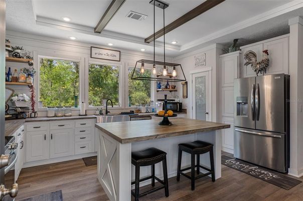 Interior, Kitchen, Pendant Lights, Recessed Lighting, Stainless Steel Appliances, Wooden Beams, Wood Texture Flooring