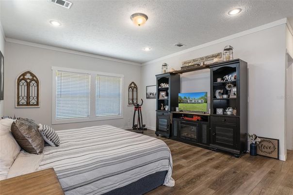 Bedroom, Interior, Recessed Lighting, Wood Texture Flooring