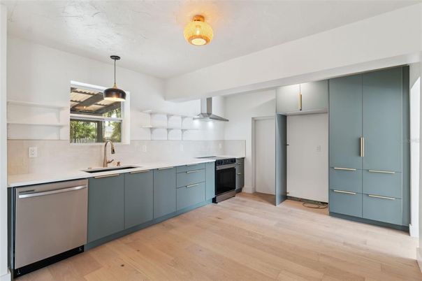 Interior, Kitchen, Pendant Lights, Stainless Steel Appliances, Wood Texture Flooring
