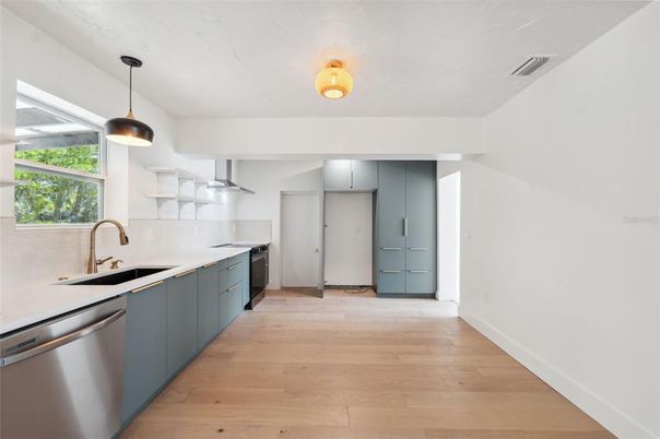 Interior, Kitchen, Pendant Lights, Stainless Steel Appliances, Wood Texture Flooring