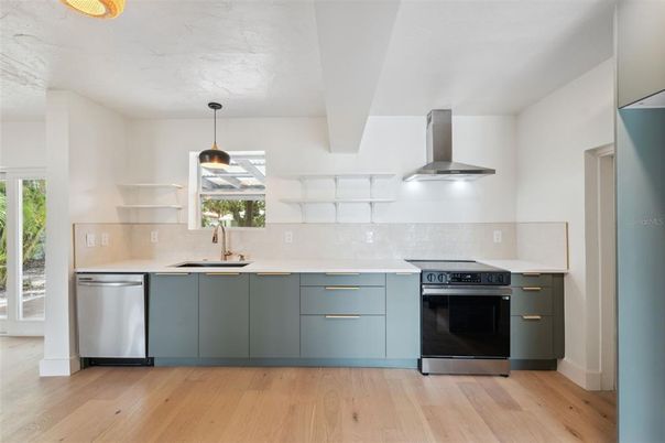 Interior, Kitchen, Pendant Lights, Stainless Steel Appliances, Wood Texture Flooring