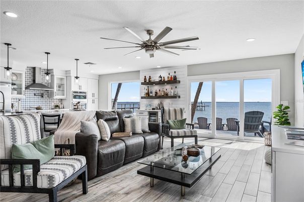 Interior, Kitchen, Living room, Pendant Lights, Recessed Lighting, Stainless Steel Appliances, Water, Wood Texture Flooring
