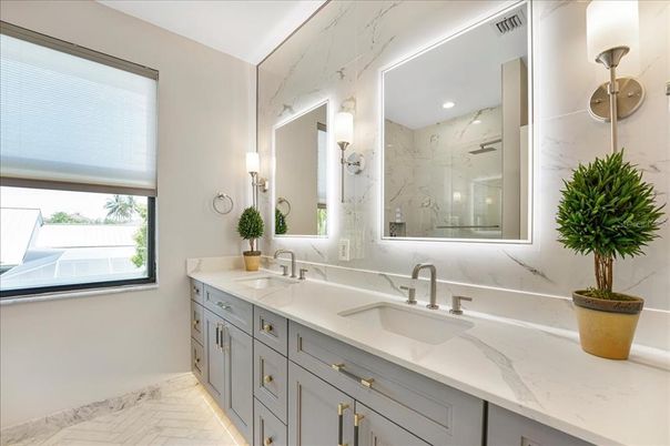 Bathroom, Dual Sink Vanities, Interior, Marble, Marble Walls, Recessed Lighting