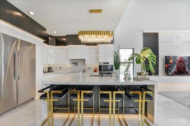 Chandelier, Interior, Kitchen, Marble, Recessed Lighting, Stainless Steel Appliances