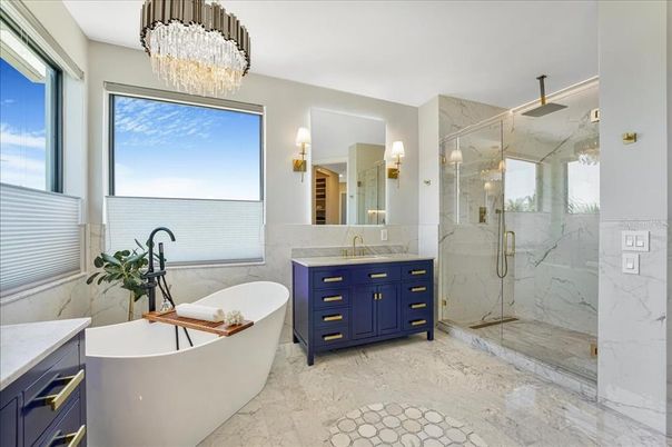 Bathroom, Chandelier, Free Standing Baths, Glass Shower, Interior, Marble, Marble Walls