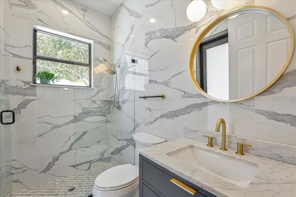 Bathroom, Interior, Marble Walls, Recessed Lighting