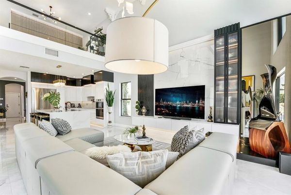 Fireplace, Interior, Kitchen, Living room, Marble, Marble Walls, Pendant Lights, Recessed Lighting