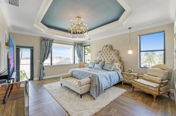 Bedroom, Interior, Pendant Lights, Wood Texture Flooring