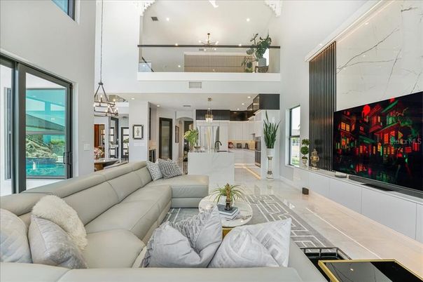 Fireplace, Interior, Kitchen, Living room, Pendant Lights, Recessed Lighting