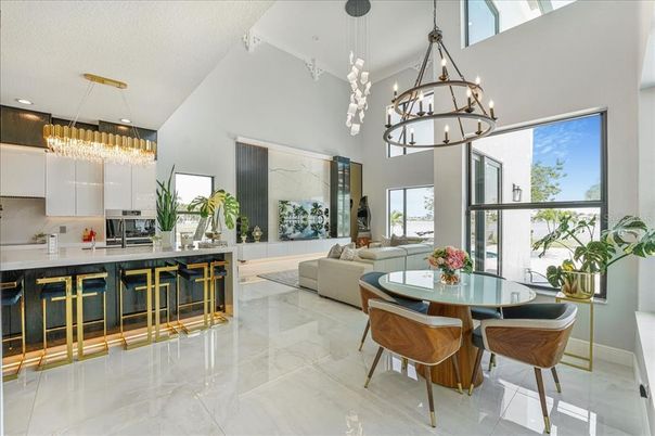 Chandelier, Dining room, Interior, Kitchen, Living room, Marble, Pendant Lights, Recessed Lighting