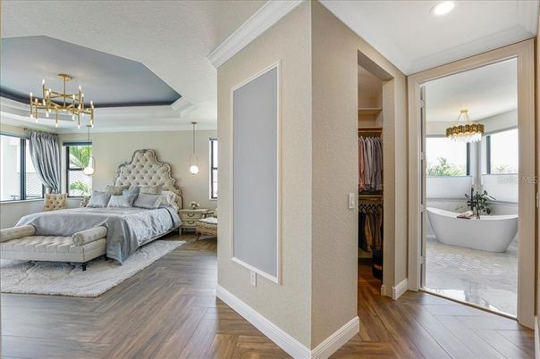 Bedroom, Chandelier, Interior, Marble, Pendant Lights, Recessed Lighting, Wood Texture Flooring