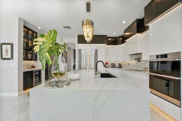 Interior, Kitchen, Marble, Pendant Lights, Recessed Lighting, Stainless Steel Appliances