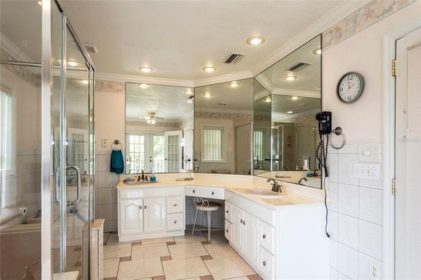 Bathroom, Dual Sink Vanities, Glass Shower, Interior, Recessed Lighting