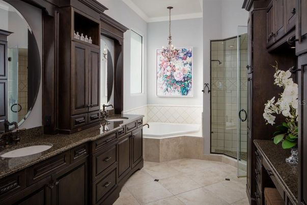 Bathroom, Chandelier, Dual Sink Vanities, Glass Shower, Interior