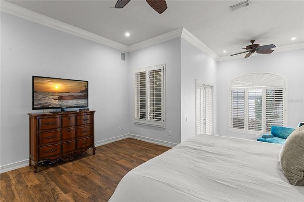 Bedroom, Interior, Recessed Lighting, Wood Texture Flooring