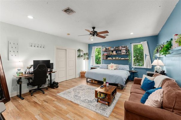 Bedroom, Home Office, Interior, Recessed Lighting, Wood Texture Flooring