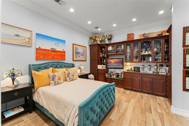 Bedroom, Interior, Recessed Lighting, Wood Texture Flooring
