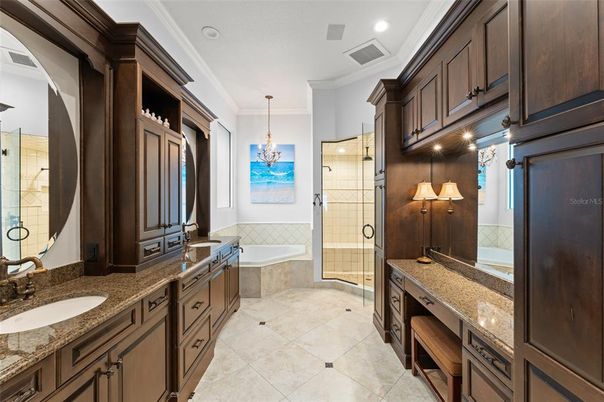 Bathroom, Dual Sink Vanities, Glass Shower, Interior, Pendant Lights, Recessed Lighting