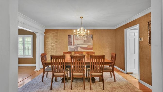 Chandelier, Dining room, Interior, Wood Texture Flooring