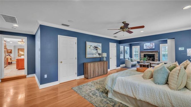 Bedroom, Fireplace, Interior, Recessed Lighting, Wood Texture Flooring