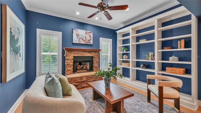 Fireplace, Interior, Living room, Recessed Lighting, Wood Texture Flooring