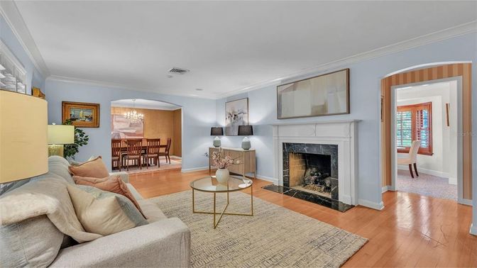 Chandelier, Dining room, Fireplace, Interior, Living room, Wood Texture Flooring