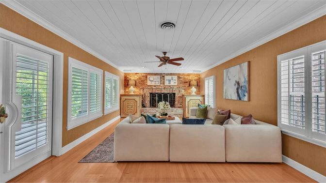 Fireplace, Interior, Living room, Stone Walls, Wood Texture Flooring