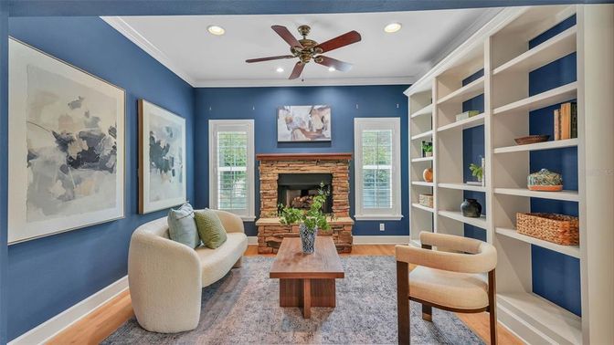 Fireplace, Interior, Living room, Recessed Lighting, Stone Walls, Wood Texture Flooring