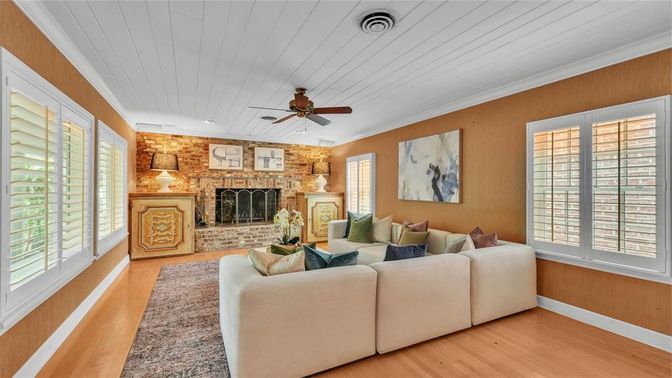 Fireplace, Interior, Living room, Stone Walls, Wood Texture Flooring