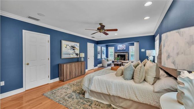 Bedroom, Fireplace, Interior, Recessed Lighting, Wood Texture Flooring
