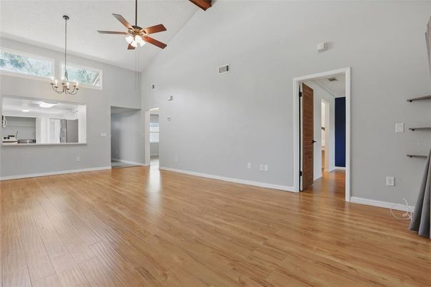 Chandelier, Empty room, Interior, Pendant Lights, Wood Texture Flooring