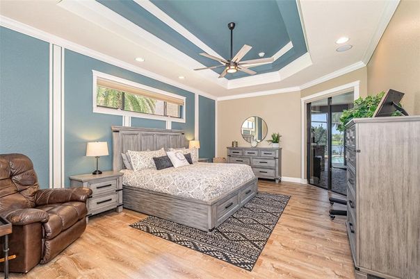 Bedroom, Interior, Recessed Lighting, Wood Texture Flooring
