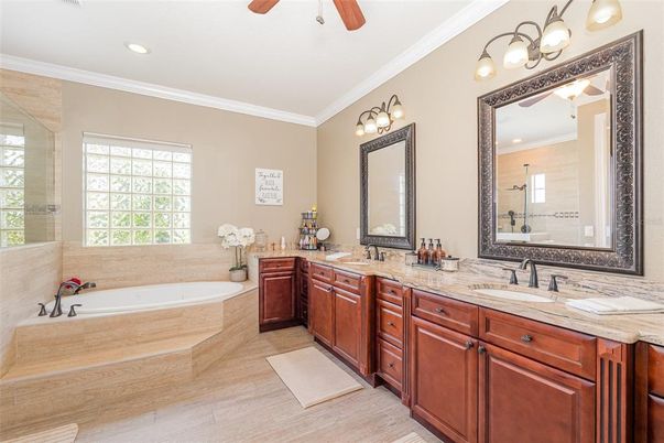 Bathroom, Dual Sink Vanities, Interior, Recessed Lighting, Wood Texture Flooring