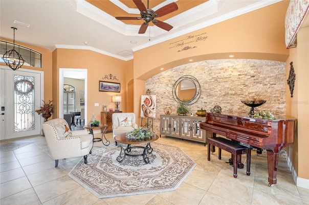 Interior, Living room, Pendant Lights, Piano, Recessed Lighting, Stone Walls