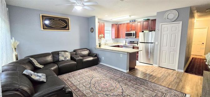 Interior, Kitchen, Living room, Recessed Lighting, Stainless Steel Appliances, Wood Texture Flooring