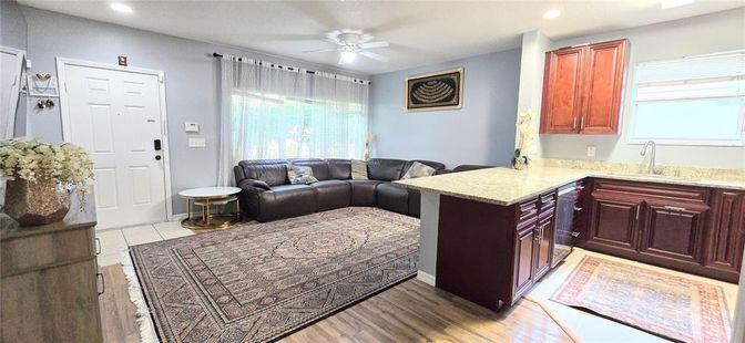 Interior, Kitchen, Living room, Recessed Lighting, Wood Texture Flooring