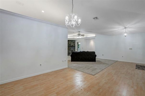 Chandelier, Empty room, Interior, Recessed Lighting, Wood Texture Flooring