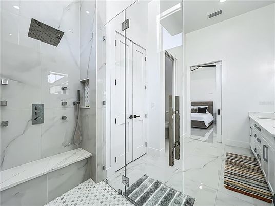 Bathroom, Bedroom, Glass Shower, Interior, Marble, Marble Walls, Recessed Lighting
