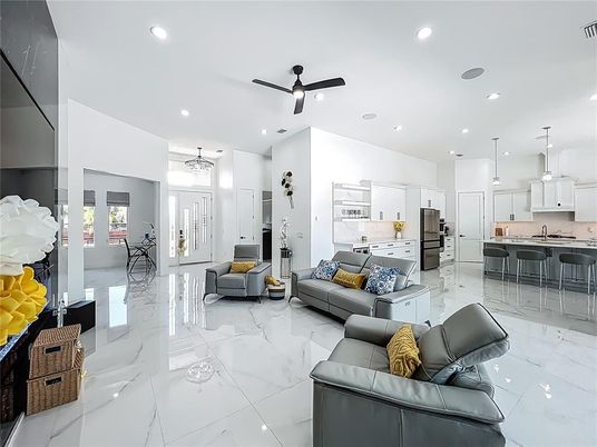 Interior, Kitchen, Living room, Marble, Pendant Lights, Recessed Lighting