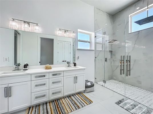 Bathroom, Dual Sink Vanities, Glass Shower, Interior, Marble Walls