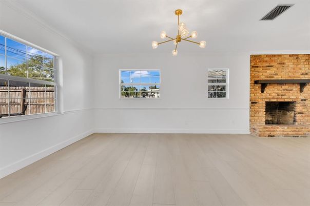 Empty room, Fireplace, Interior, Pendant Lights, Stone Walls, Wood Texture Flooring