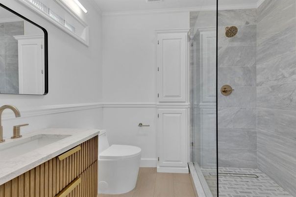 Bathroom, Glass Shower, Interior, Wood Texture Flooring
