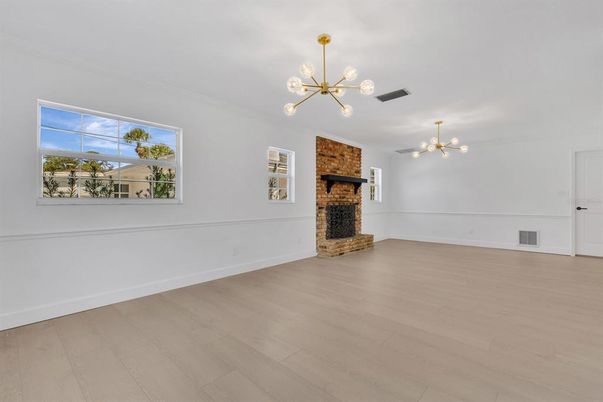 Empty room, Fireplace, Interior, Pendant Lights, Wood Texture Flooring