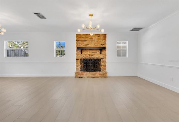 Empty room, Fireplace, Interior, Pendant Lights, Wood Texture Flooring