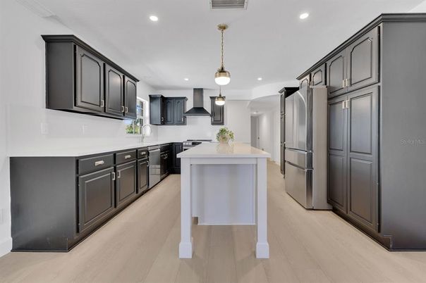 Interior, Kitchen, Pendant Lights, Recessed Lighting, Stainless Steel Appliances, Wood Texture Flooring