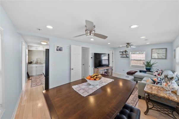Dining room, Interior, Kitchen, Living room, Recessed Lighting, Wood Texture Flooring