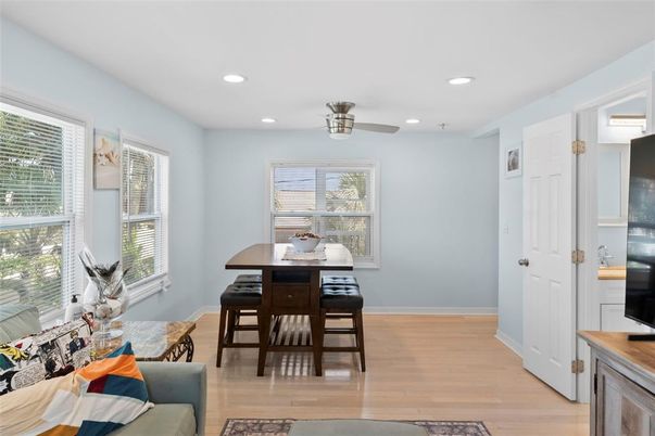 Dining room, Interior, Recessed Lighting, Wood Texture Flooring