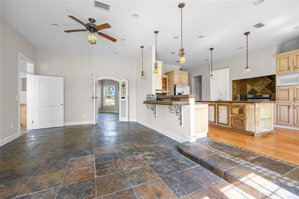 Interior, Kitchen, Pendant Lights, Recessed Lighting, Wood Texture Flooring