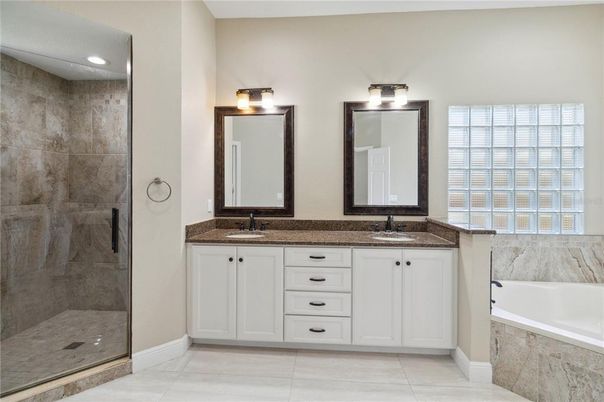 Bathroom, Dual Sink Vanities, Glass Shower, Interior, Recessed Lighting
